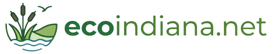 White rectangle with the words ecoindiana dot net in all lower case green letters to the right of an abstract image of a water, cat tails, land, and bird.